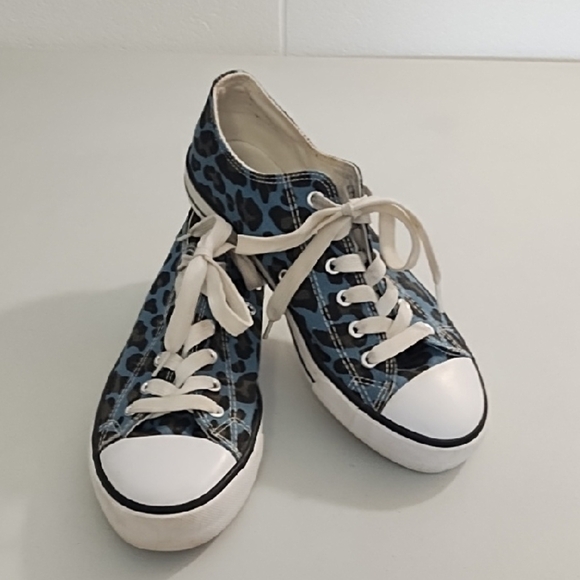 Blue Black Leopard Print Sneakers Converse Style Tennis Shoes - Picture 5 of 14